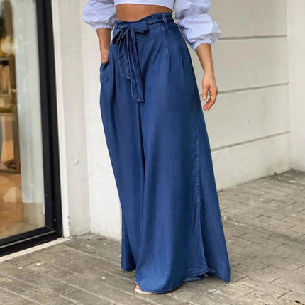 Eleganti Jeans a vita alta donna Denim estate pantaloni a gamba larga Lace-up Solid Female Lage Size Street pantaloni Casual abbigliamento