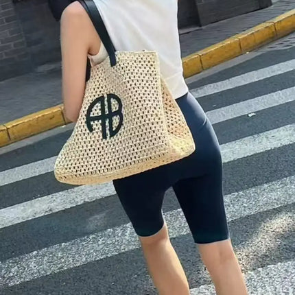 Large Capacity AB Letter Woven Straw Tote Bag, Beach Vacation Women's Striped RIO City Simple Style Casual Travel Bag