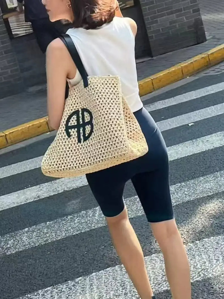 Borsa tote in paglia intrecciata con lettera AB di grande capacità, per vacanze al mare, da donna, a righe, RIO City, stile semplice, borsa da viaggio casual