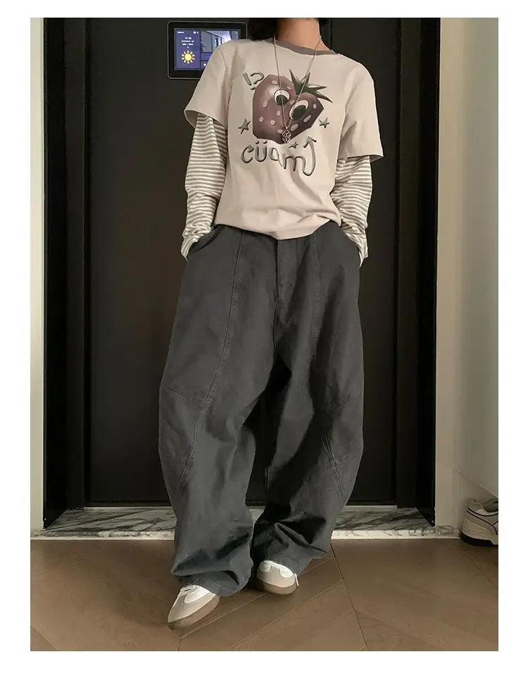 HOUZHOU Y2K Vintage Wash Donna Cargo Jeans Harajuku Scimitar Gamba larga Pantaloni in denim retrò americani Pantaloni larghi Gyaru Streetwear