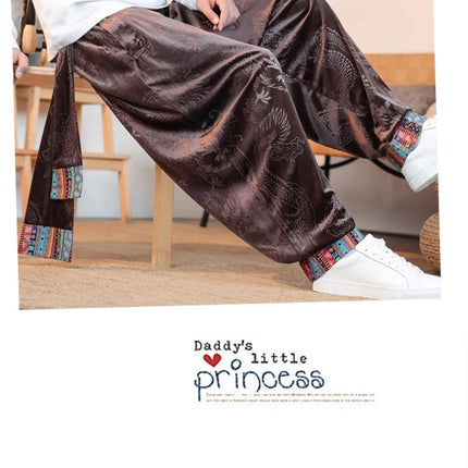 Pantaloni da uomo Kung Fu Tai Chi Pantaloni casual tradizionali da uomo stile cinese retrò allentato fiore scuro drago stampa pantaloni a gamba larga da uomo