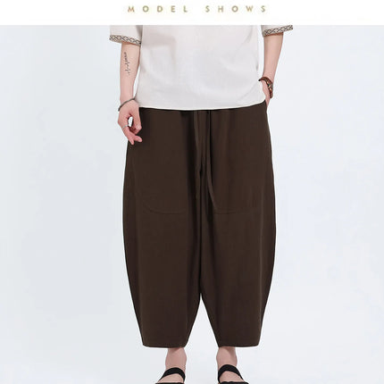 Pantaloni Harem in Cotone e Lino da Uomo, Casual, Traspiranti, Comodi, Estivi, Lunghezza al Polpaccio, Taglie Forti fino a 5XL