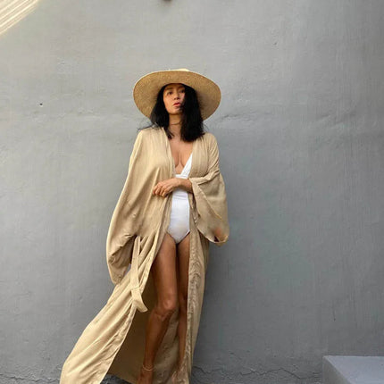 Solid Beach Cover Up Women Self Belted Wrap Kimono Dress Costume da bagno 2025 New Robe Summer Beachwear Fornitura in fabbrica platinumshop
