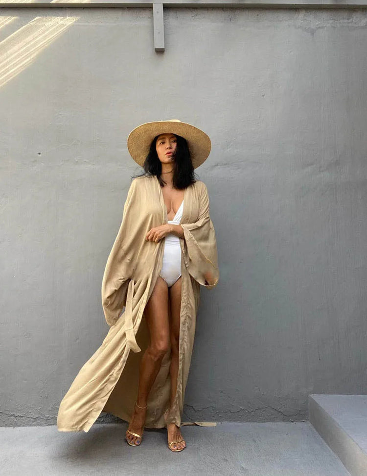 Solid Beach Cover Up Women Self Belted Wrap Kimono Dress Costume da bagno 2025 New Robe Summer Beachwear Fornitura in fabbrica platinumshop