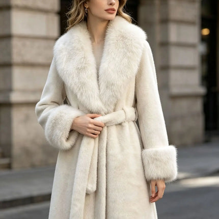 Women's Winter Trench Coat with Large Lapels, Faux Fox Fur Long Coat, Over-the-Knee Jacket
