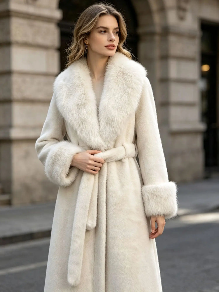 Women's Winter Trench Coat with Large Lapels, Faux Fox Fur Long Coat, Over-the-Knee Jacket