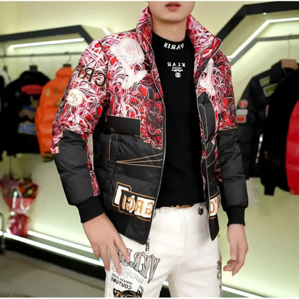90% White Duck Down Men's Light Warm Print Down Jacket Stand-up Collar  Fashionable Versatile Autumn Winter coat