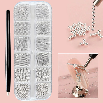 12Grid Metal Micro Caviar Beads Nail Art Charms, Gold Silver Mini Balls, 3D Nail Gem Decor with Magnetic Pen for DIY Nail Decoration