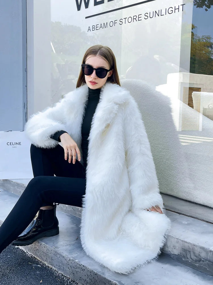 ZADORIN Winter Fluffy Jacket Women Solid Lapel Long Faux Fox Fur Coat Ladies Furry Warm Pink White Jacket Trench Coats Tops