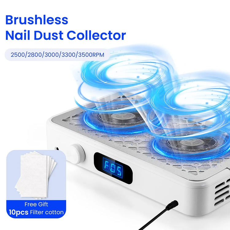 Brushless Twin Turbo Nail Dust Extractor with Multi Adjustable Speed 2500-3500RPM Double Strong Fan Vacuum Cleaner Professional Salon Manicure Dust Collection Tool