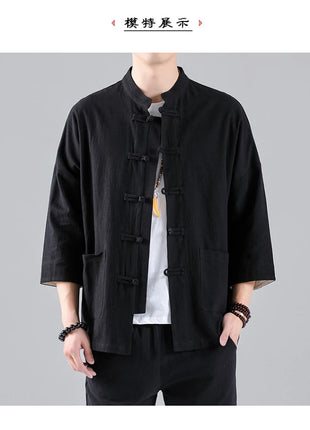 Camicie in Stile Cinese per Uomo, Top Tradizionale Tang in Lino a Mezza Manica, Camicia Kung Fu Hanfu Vintage Casual, Taglie Grandi fino a 5XL