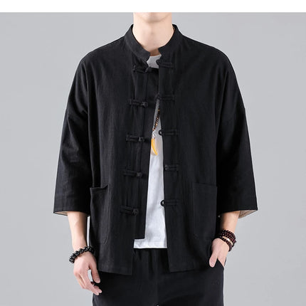Camicie in Stile Cinese per Uomo, Top Tradizionale Tang in Lino a Mezza Manica, Camicia Kung Fu Hanfu Vintage Casual, Taglie Grandi fino a 5XL