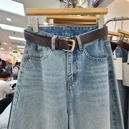 Jeans Larghi da Donna Vintage Estivi a Vita Alta in Denim Solido, Pantaloni Casual Streetwear a Gamba Larga, Jeans a Tre Quarti
