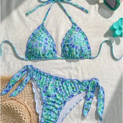 Nuovo Set Bikini Donna Estivo con Stampa Floreale Arancione, Halter con Volant, Push-Up e Perizoma con Laccetti Laterali PlatiNum