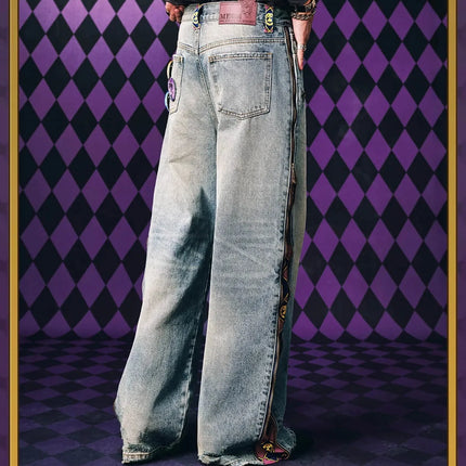 Jeans JoJo Anime con Pannelli Staccabili, Vita Alta, Gamba Larga, Stampa Denim, Viola e Oro, Patchwork, Taglio Dritto, per Uomo e Donna