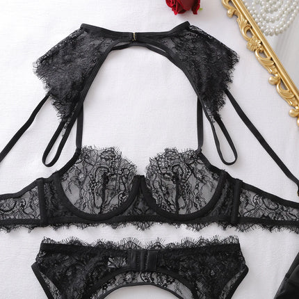 Tornova Erotic Lingerie Fashion Style Eyelash Lace Hollow See-through Sexy Women Luxurious Body Shaping Adjustable Bra Split Set