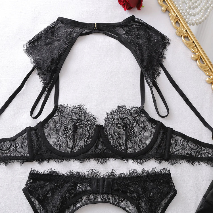 Tornova Erotic Lingerie Fashion Style Eyelash Lace Hollow See-through Sexy Women Luxurious Body Shaping Adjustable Bra Split Set