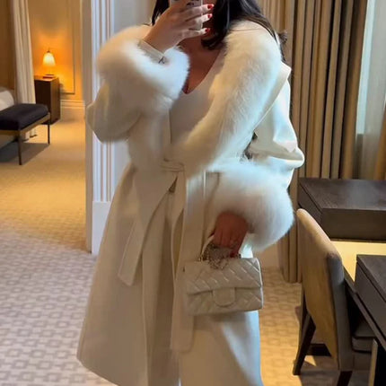 Women's Solid Color Lace Up Fur Collar Woolen Overcoat Bathrobe Style Long Loose Coat Advanced Atmosphere Autumn Winter Overwear