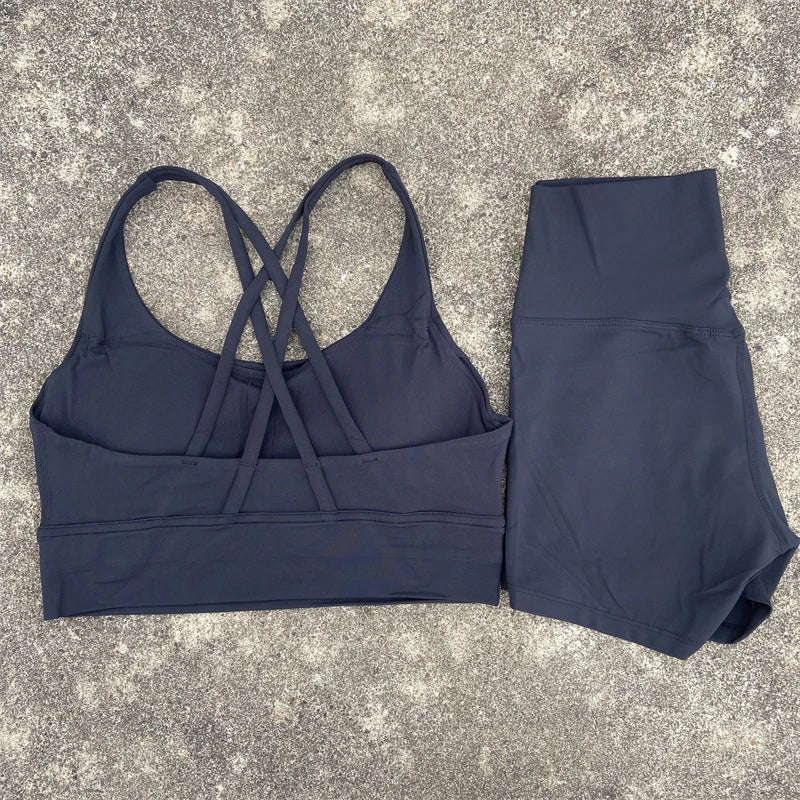 Yoga Shorts Set Gym Sports Set Women Workout Clothes 2 Piece Fitness Suit Cross Straps Bra High Waist Shorts Running Tracksuit
