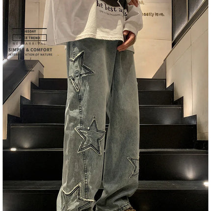 New Fashion Stella a cinque punte Jeans Uomo a vita alta Vintage Streetwear Pantaloni da uomo Baggy Inverno Jeans a gamba larga Denim Abbigliamento uomo