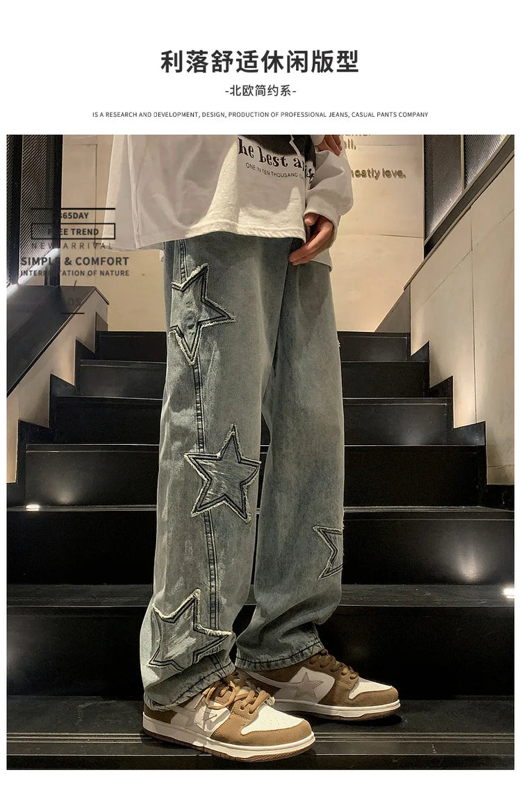New Fashion Stella a cinque punte Jeans Uomo a vita alta Vintage Streetwear Pantaloni da uomo Baggy Inverno Jeans a gamba larga Denim Abbigliamento uomo