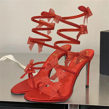 Aneikeh Elegant Pink Wedding Shoes CRYSTAL Bow High Heels Sandals Woman Summer Ankle Strap Thin High Heels Open Toed Party Shoes PlatiNum