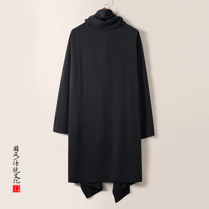 2025 Autunno Uomo Baggy Bello Fresco Trench Stile Cinese Mantello Camicie Moda Casual Lino Irregolare Mens Mantello Lungo Giacche a vento