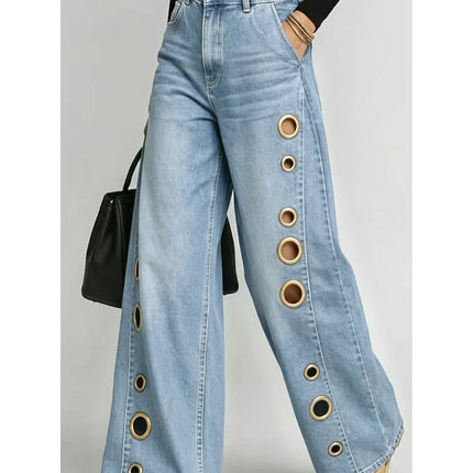 Jeans da Donna a Gamba Larga, Vita Media, con Dettagli Traforati, Effetto Vintage, Stile High Street, Eleganti, da Lavoro, Casual, Pantaloni Dritti
