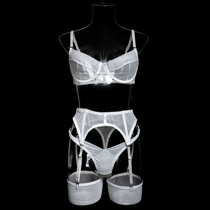 Luxury Dark Style 4Pcs Women's Lingerie Set Push-up Underwire Bra Garter Belt Thong Panty Stocking Erotic Intimate Outfits