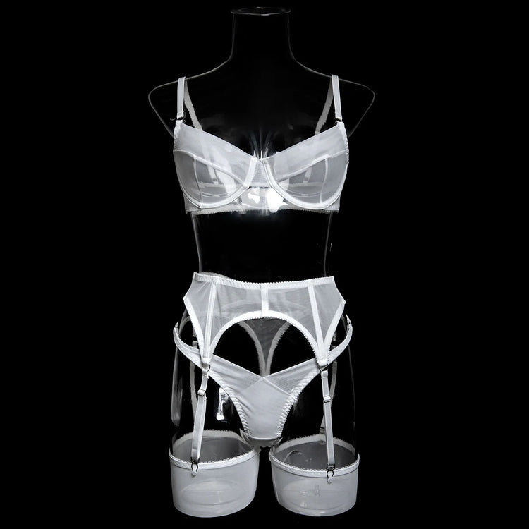 Luxury Dark Style 4Pcs Women's Lingerie Set Push-up Underwire Bra Garter Belt Thong Panty Stocking Erotic Intimate Outfits