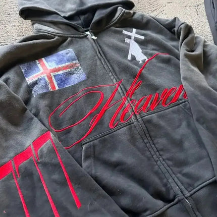 American Retro Streetwear Men's Suit Two-piece Set Goth Harajuku Zipper Hoodie High Street Trendy Casual Sports Suit Sweatshirt PlatiNum