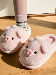 Cartoon Pig Plush Slippers Women Winter Animal Fluffy Platform Shoes Girls Mules Indoor Fuzzy Fur Slides Soft Sole Non-Slip Warm