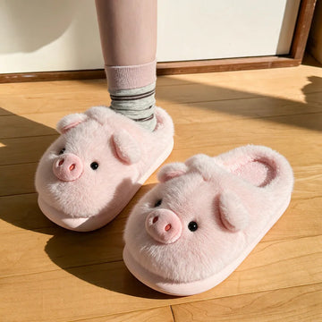 Cartoon Pig Plush Slippers Women Winter Animal Fluffy Platform Shoes Girls Mules Indoor Fuzzy Fur Slides Soft Sole Non-Slip Warm