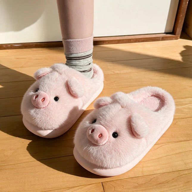 Cartoon Pig Plush Slippers Women Winter Animal Fluffy Platform Shoes Girls Mules Indoor Fuzzy Fur Slides Soft Sole Non-Slip Warm