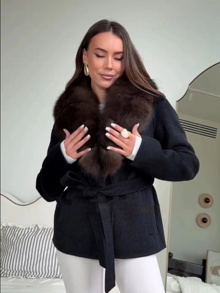 Solid Color Big Fur Collar Tied Woolen Jacket Fashion Waist Cinching Long Sleeved Short Coat 2026 Autumn Street Daily Clothing