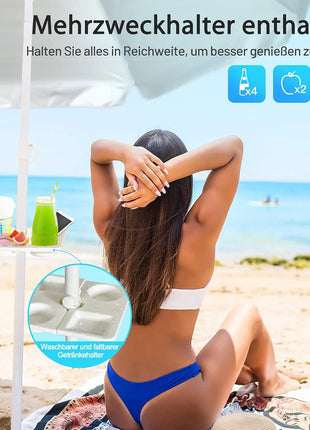 Ombrellone da spiaggia da 200 cm, con portabevande, ombrellone da giardino, antivento, UPF 50+, 30 °   Protezione solare pieghevole con punta a terra