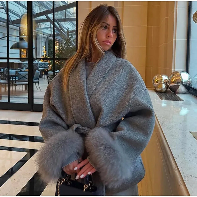 Elegant Lace Up Woolen Short Coat Solid Loose Lapel Furry Long Sleeve Belt Waist Jacket 2026 Spring Autumn Lady Chic Cardigan