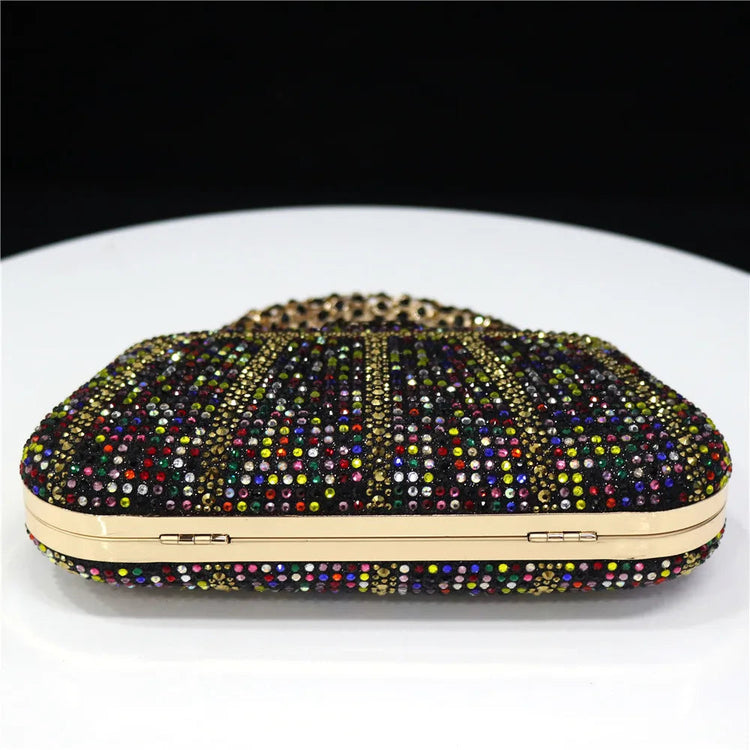 Popular In Nigeria Exquisite Evening Bags With Diamond Design Fashion Handle Clutch Rhinestone Embellished Long Chain Bag PlatiNum