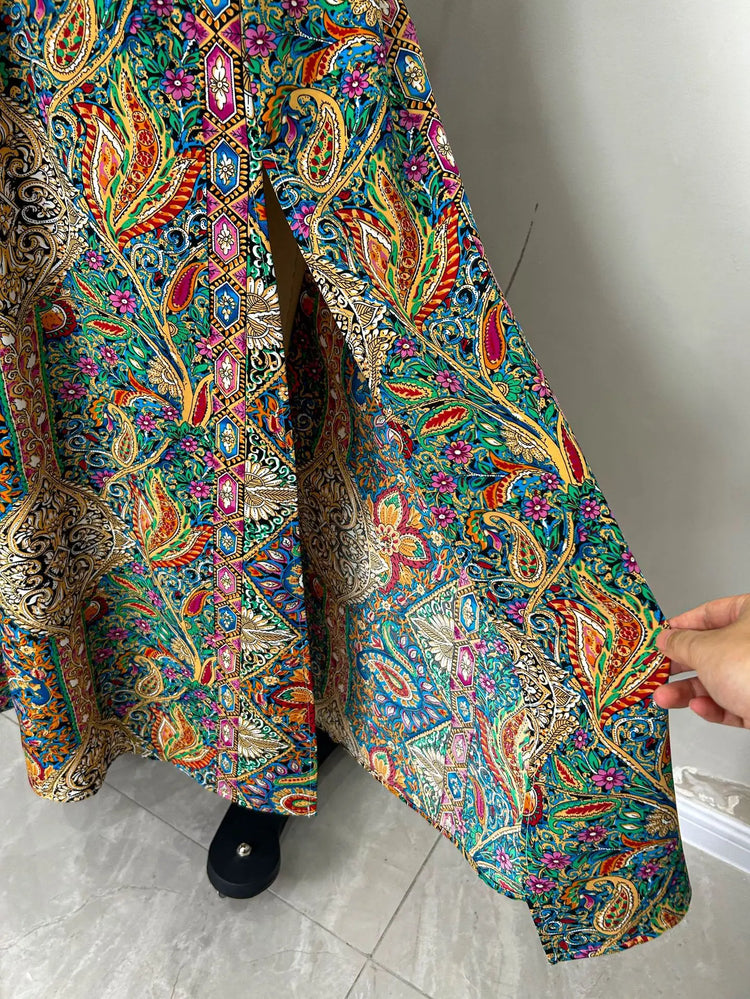 Gonna Lunga Vintage Bohemien con Stampa Etnica da Donna, Gonna Estiva Casual a Vita Alta 2026, Elegante Gonna Boho a Trapezio con Spacco e Pieghe