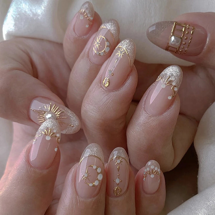 24Pcs Medium Almond Nude‑Pink 3D Textured Metallic Cat‑Eye French Sheer Press‑On False Nails For Nail Art Decor
