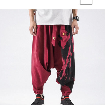 Pantaloni alla moda da uomo Samurai giapponese Ukiyo-e Cintura con stampa Pantaloni stile harem da uomo in cotone e lino Casual Oversize Harajuku Pantaloni a gamba larga da uomo