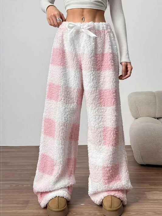 Fleece-Lined Buffalo Plaid Pants Drawstring-Waist Wide-Leg Soft Warm 2026 Speing Cozy Women Bottoms Casual Daily Lounge Trousers