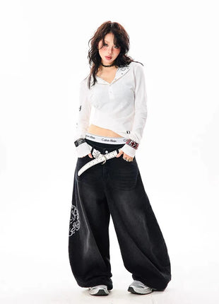 YIBASHU Donna Vintage Ricamo Y2K Jeans larghi Donna Vita alta 2000s Pantaloni in denim a gamba larga Pantaloni Harajuku retrò americani