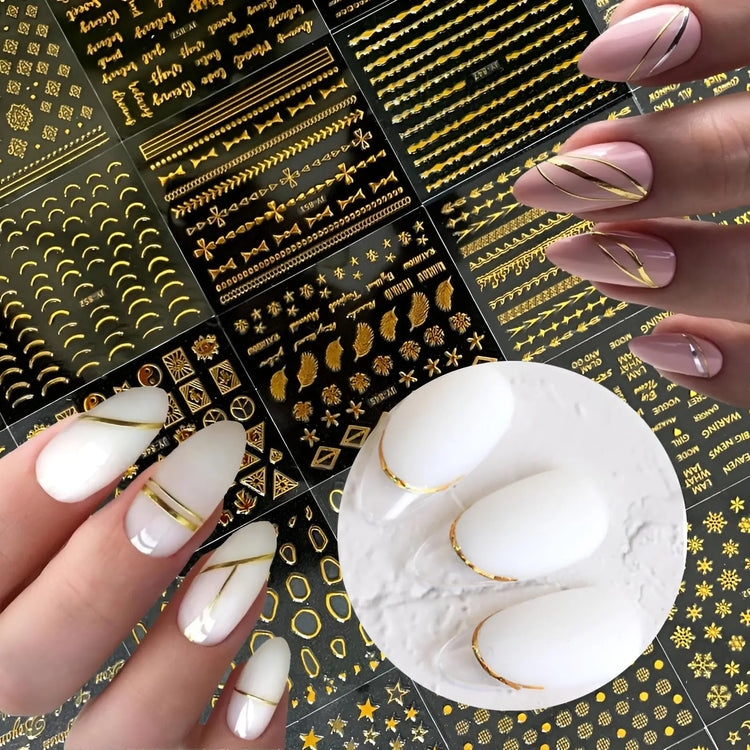 30 Sheets Gold Nail Art Stickers 3D Self‑Adhesive Nail Decals Gold Line Star Nail Stickers for Acrylic Nails Gold Leaf