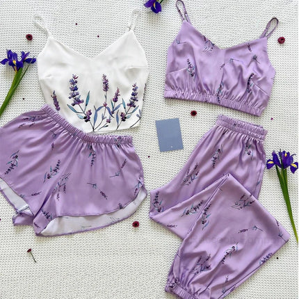 Nuovo pigiama di seta in raso per le donne Set di indumenti da notte con stampa floreale Sexy scollo a V senza maniche Top da notte Pigiama Abbigliamento per la casa Pigiama