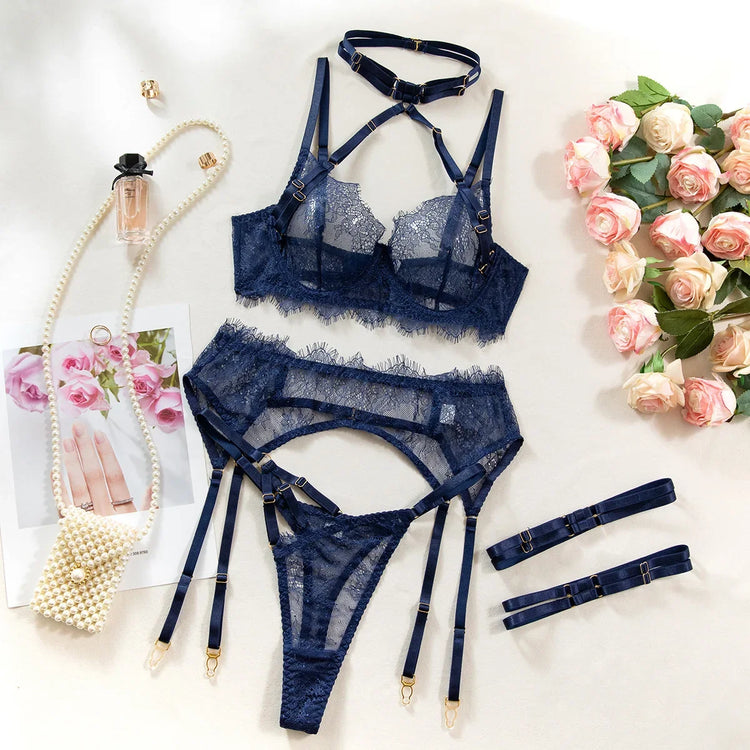 Sexy Lingerie Lace Women's Intimates Sets Sheer See Through Push Up Bra with Garter Belt Fancy Luxury Underwear Erotic Outfits