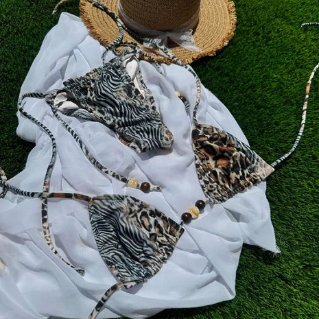 Nuovo Sexy Bikini Brasiliano con Inserti in Pizzo, Costume da Bagno Femminile con Stampa e Allacciatura al Collo, Biquini platinumshop