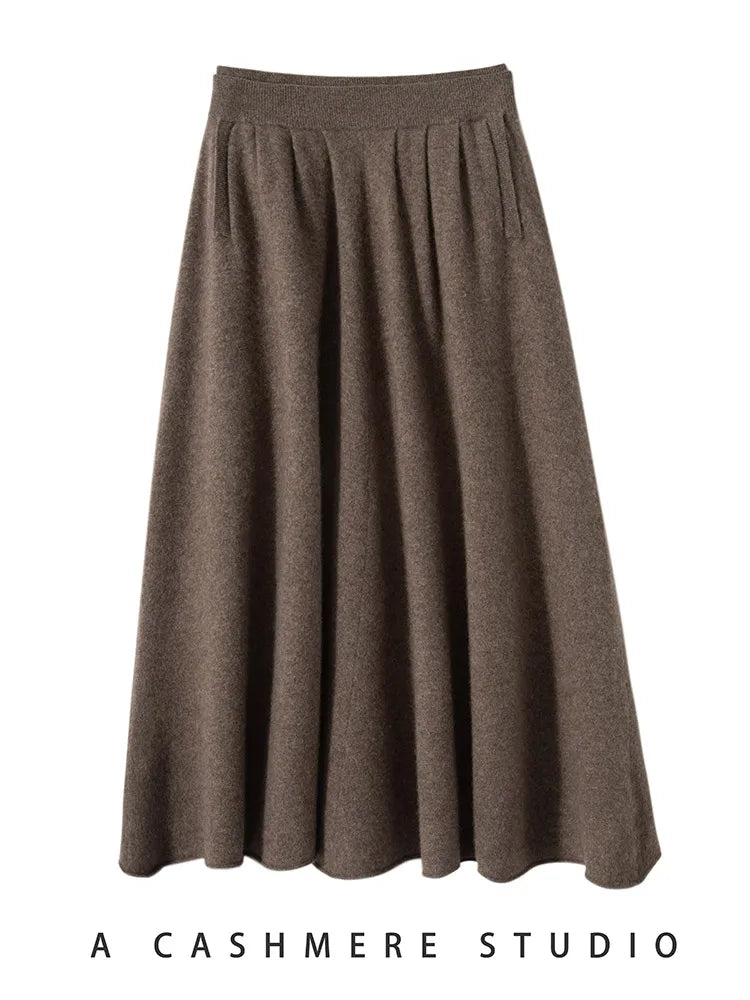 Classic Autumn Winter Wave Skirt 100% Cashmere Skirt Women A-Line Skirt Female Double Elastic Waist Pocket Warm Knit Long Dress PlatiNum