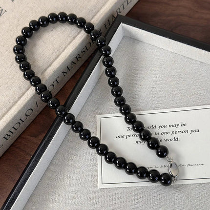 Collana con perline in vetro nero da 6, 8, 10 mm Minar Simple per donna, girocollo con chiusura a T placcata argento, pendenti PlatiNum