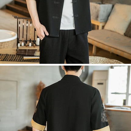Camicie da uomo con gru ricamate Kungfu Tai Chi Casual manica corta nuovo stile cinese colletto alla coreana Cardigan in lino Tang Suit uomo Top